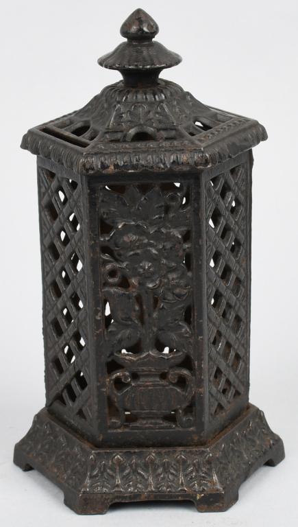 FLORAL HEATER STILL BANK: Chamberlin & Hill Floral Heater Still Bank. Cast iron. All original. Excellent
