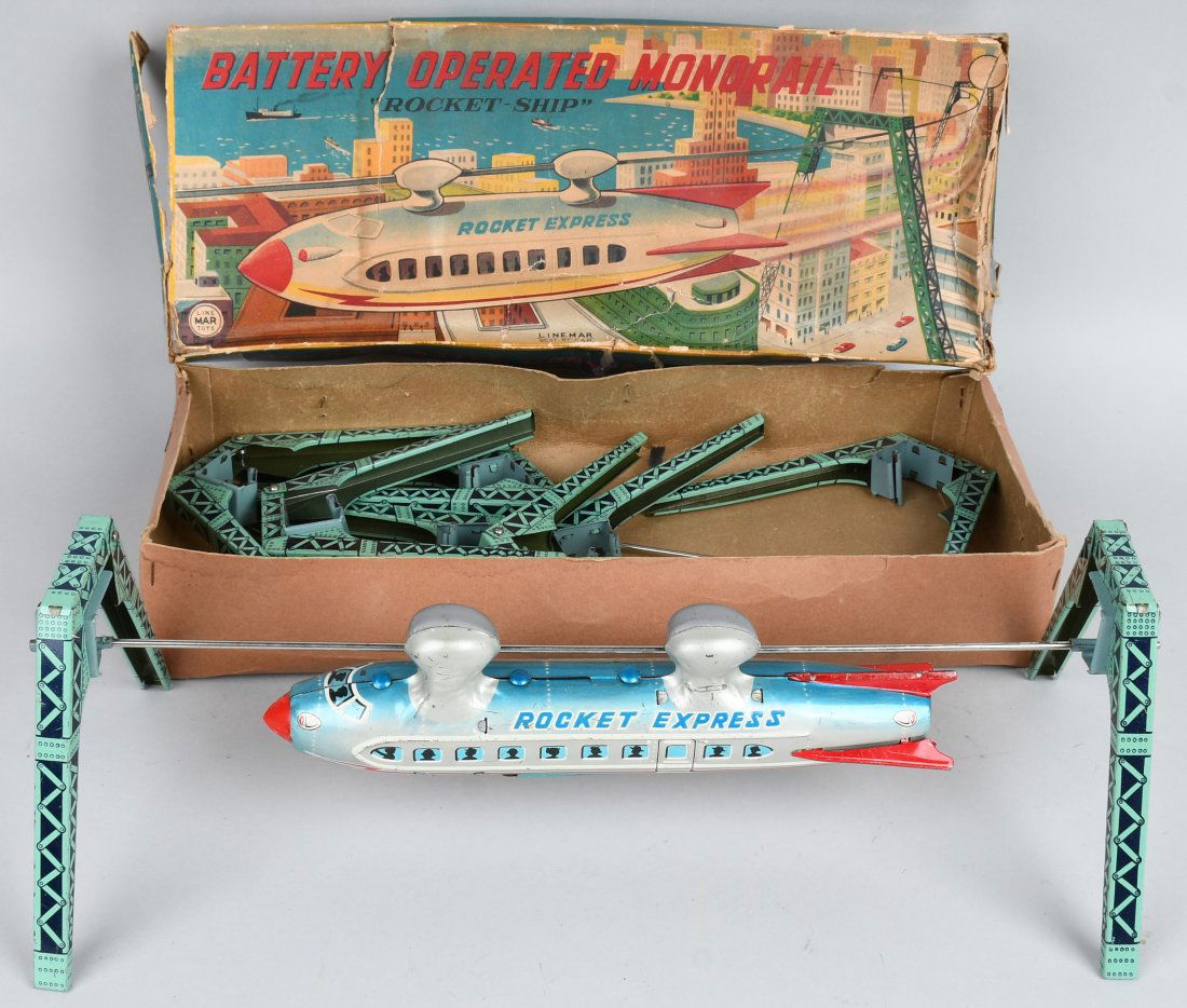 LINEMAR battery op MONORAIL ROCKET EXPRESS w/ BOX: Very nice all tin toy with the original box. The Rocket Express measures about 10\" and worked when tested. the nice is nice with light wear. The colorful original box is distressed and taped. The box