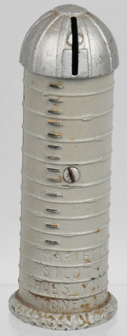 MARIETTA SILO cast iron STILL BANK: Marietta Silo Still Bank Scarce, cast iron example, painted in grey with silver dome, debossed lettering at bottom with coin slot on roof. 5 3/4\", Excellent