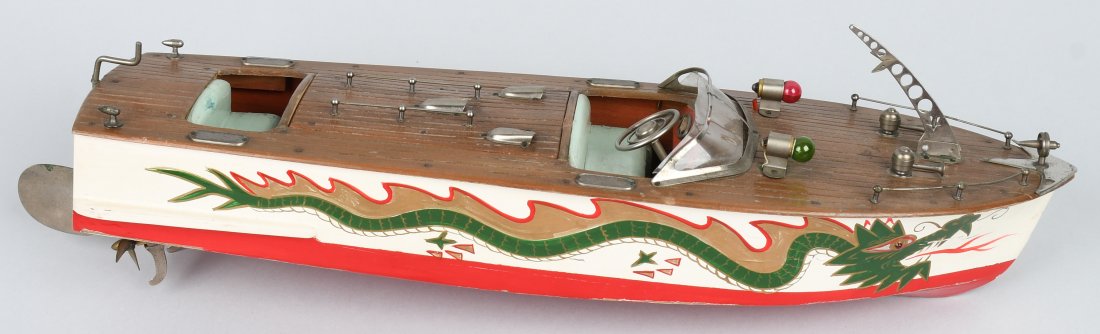 JAPAN Battery Op DRAGON SPEED BOAT: Nice wood battery operated Dragon Speed Boat. All original with great paint and dragon on side. All complete. 18\" Excellent