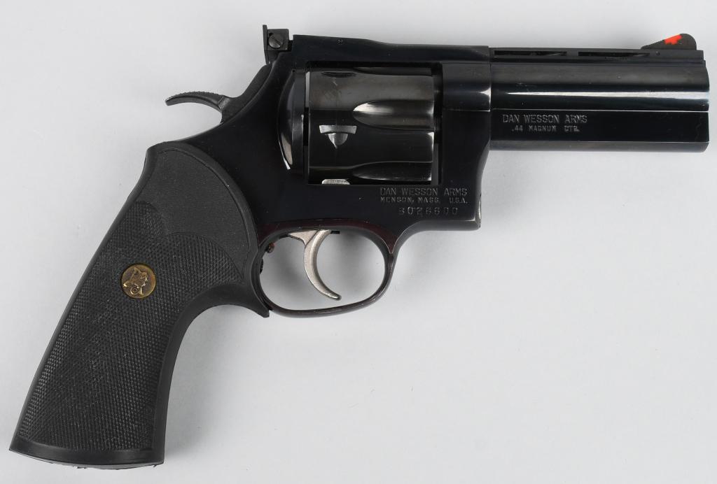 SCARCE EARLY DAN WESSON .44 REVOLVER: SN B026600. Early gun made in Monson Mass. , this is the big .44 magnum with a 4" barrel in high polish factory blue finish that features adjustable rear sight, red insert front sight, vent rib, solid