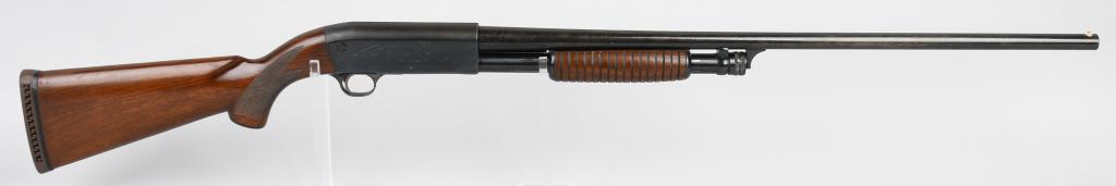 ITHACA MODEL 37 SLIDE ACTION 16 BORE SHOTGUN: Serial #378267. This bottom eject Model 37 was made in 1951 and features a 28" barrel, full choke, 2 3/4" chamber with etched duck scene on frame and blue finish on metal with checkered & capped pisto