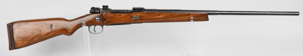 CUT DOWN NAZI MARKED 98K MAUSER RIFLE: Serial # 9828. This is a BCD code, 1941 dated Nazi marked WWII rifle made at Gustloff Werke-Weimer. It has matching numbers on barrel, frame , floor-plate and trigger guard. Stock is cut, metal re-blu