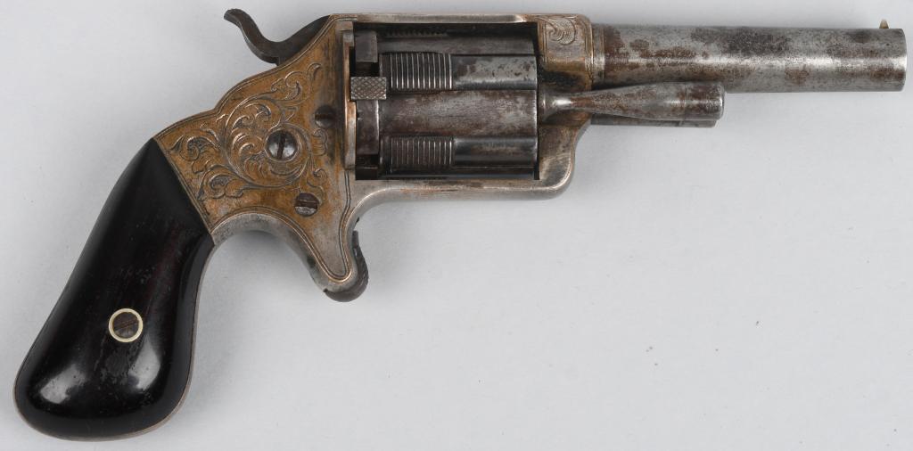 SCARCE BROOKLYN ARMS CO POCKET REVOLVER: Serial # 8333. These revolvers were only made for two years, 1863-1864. It is chambered for the ..32 caliber rim fire with a 3' round barrel, five shot, single action, spur trigger with varnished waln