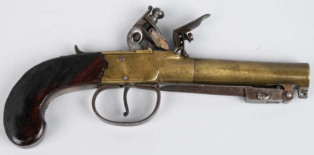 LONDON FLINTLOCK BRASS PISTOL W/ DAGGER: NSN. This pistol is stamped London on right side of frame and a J. Richards on left side. The frame and barrel are made of brass and have an iron attached 3" dagger. It is a center hammer flintlock wi