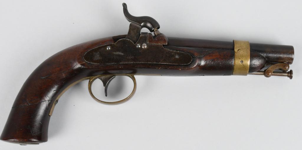 USN AMES MODEL 1842 PERCUSSION PISTOL: This is a standard pistol that is dated 1845 USN at rear of lock plate with NP Ames Springfield Mass also stamped on lock. it is a .54 bore percussion single shot with a 6" barrel and brass hardware.