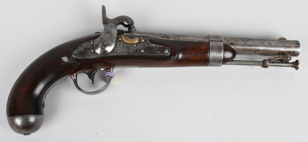 US MODEL 1836 WATERS CONVERSION PISTOL: Originally made in Flintlock by Asa Waters and Robert Johnson from 1836-1844. This example is dated 1843 on lock along with eagle head and A. Waters Milbury MS. It sports an 8 1/2" smoothbore barrel i