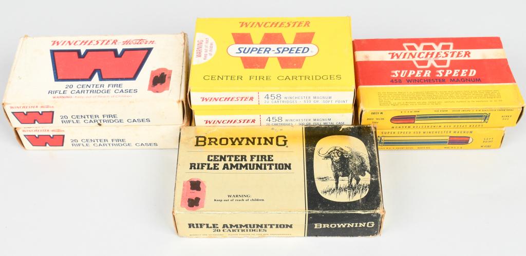 .458 WINCHESTER - MAGNUM - 151 ROUNDS: 151 rounds of .458 Winchester Magnum / Win-Mag. 7 full 20-round boxes, one partial containing 11 rounds and 8 spent shell casings. Some corosion on the older brass. Very Good.