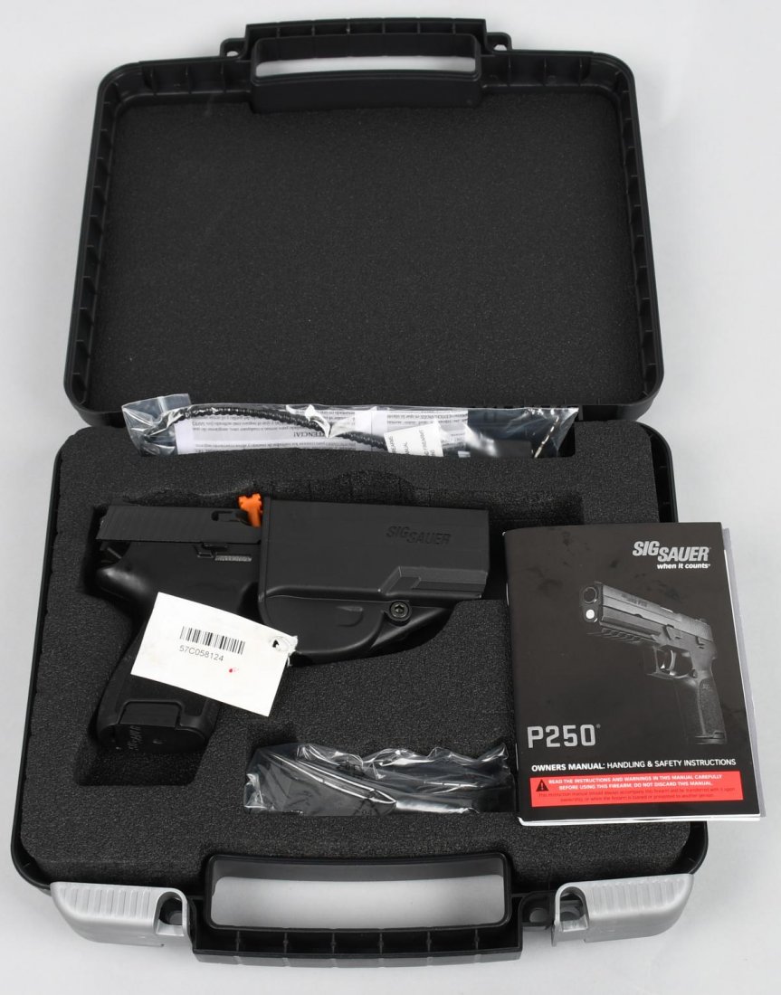 AS NEW IN BOX SIG SAUER P250 SEMI AUTO PISTOL: Serial #57C058124. Caliber is .45 ACP. The catalog description says it all. NIB Sig P250 Compact in .45 ACP, blued, fixed sights, two magazines, holster and hard case. The P250 is a modular pistol tha