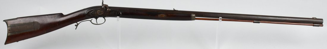MID 19th CENT. half stock .50 NAMED RIFLE: Mid 19th century Pennsylvania type rifle. 35 1/2\" octagon .50 caliber barrel. Walnut stock with brass furniture and pewter nose cap. Has a working English Jos. Golcher engraved lock. Features a 4 pie