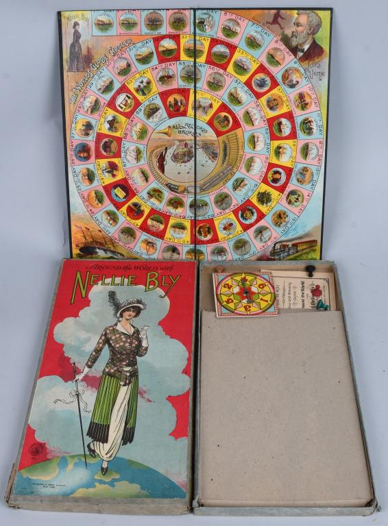 McLOUGHLIN NELLY BLY AROUND THE WORLD GAME: Wonderful early Game. Great graphics on the play board and box cover. Looks to be mostly complete. Box has edge wear. 16 1/2" Very Good-Excellent