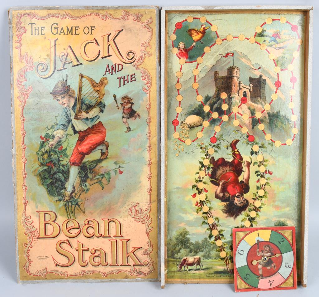 1898 McLOUGHLIN JACK AND THE BEAN STALK GAME: Nice early game dayed 1898. Great graphics. Looks to be missing a few game pieces. Box has some wear and missing side flaps. 20" Very Good