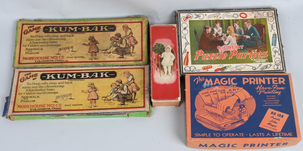 5- EARLY GAMES: Includes Magic Printer, Puzzle Parties, 2- Kum-Bak, and Rings. All boxed and look mostly complete. Largest 16" Very Good-Excellent
