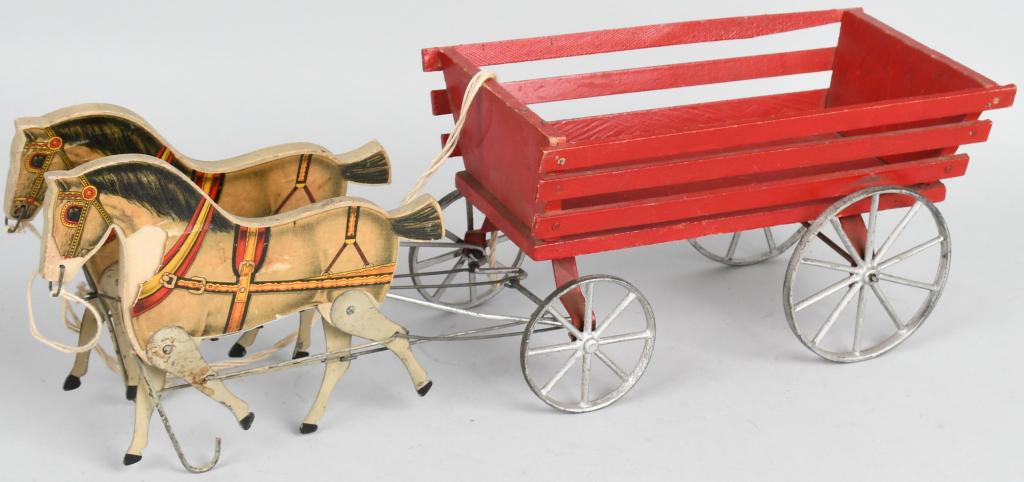 GIBBS DOUBLE HORSE HAY WAGON: All original with nice paper. 19" Excellent