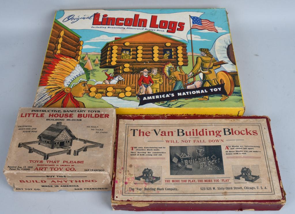 EARLY LINCOLN LOGS & BUILDING BLOCK SETS: Includes Lincoln Log Set complete with metal figures, Little House Builder Set, and The Van Building Blocks Set. All Boxed. Largest 17" very Good-Excellent