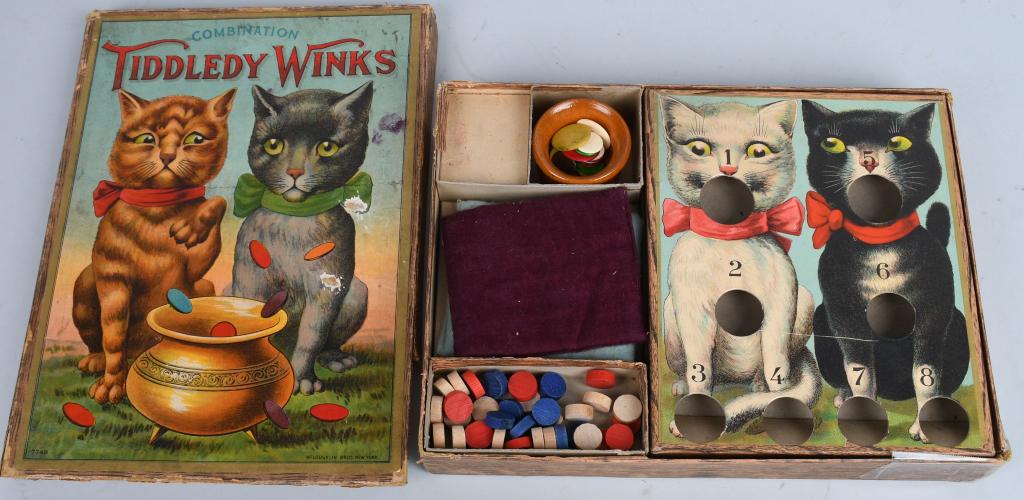 McLOUGHLIN TIDDLEY WINKS w/ CATS GAME: Great early game with wonderful Cat graphics. Looks mostly complete. Box has small portion of edge flap missing. 13" Very Good-Excellent