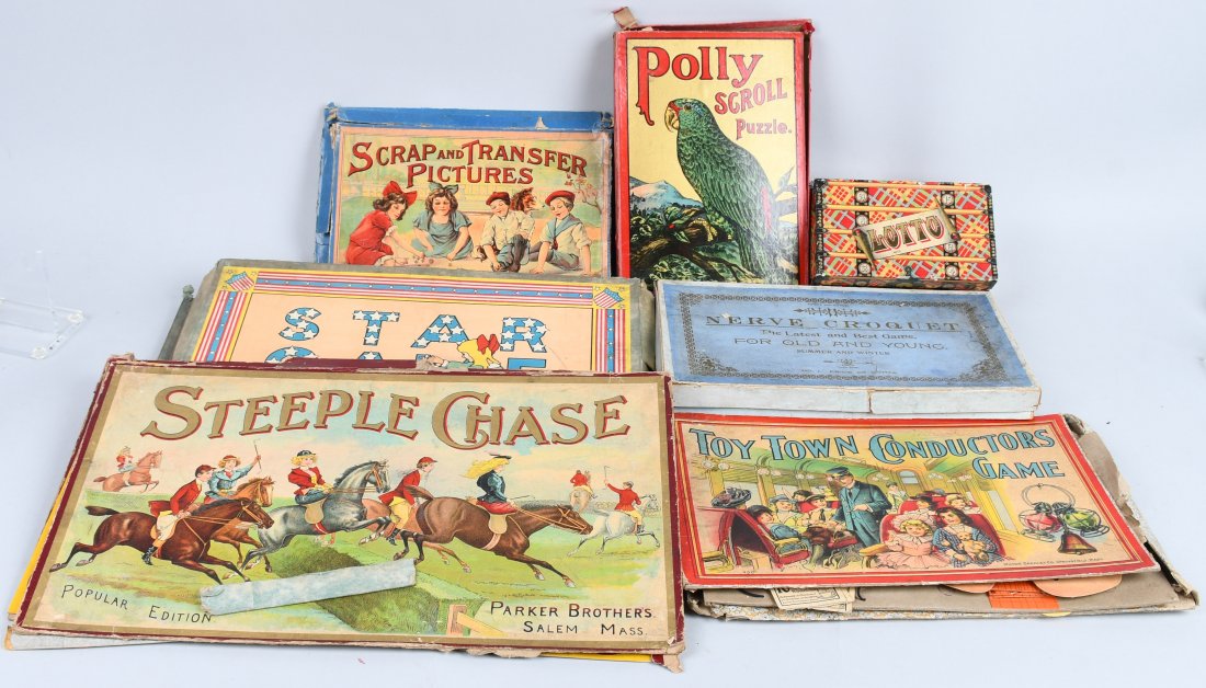 LOT OF EARLY GAMES: Includes Polly Scroll Puzzle, Scrap and Transfer Pictures, Nerve Croquet, Lotto, Toy Town Conductor Game, Steeple Chase, and Star Game. All in various conditions. Largest 18" Good-Excellent