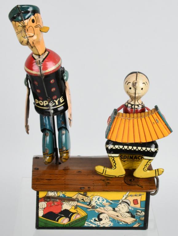 MARX TIN WINDUP POPEYE & OLIVE OYL JIGGERS: Nice Popeye Toy! All original and complete. very nice colors and graphics. Windup works. 9" Excellent