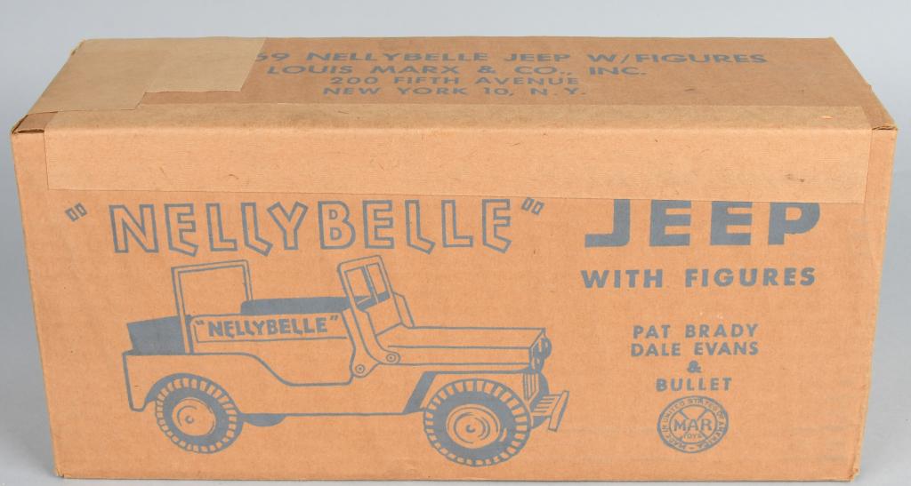 MARX NELLYBELLE JEEP "SEALED IN BOX": New Old Stock pressed steel Nellybelle Jeep. Comes with Pat Brady, Dale Evans, & Bullet Figures. Still sealed in original box! 13 1/2" Near Mint