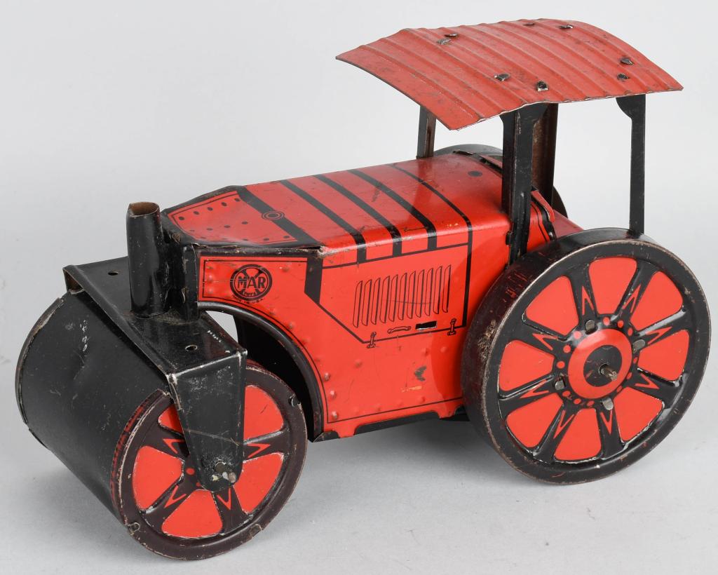 MARX TIN WINDUP STEAM ROLLER: All original missing driver. Works. 8 1/2" Very Good