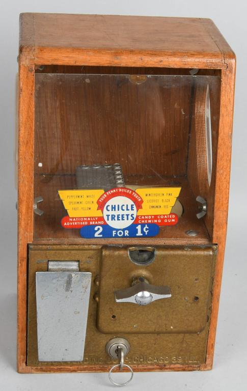 VICTOR 1c WOODEN GUMBALL VENDING MACHINE: All original wood and metal. Made by Victor Vending of Chicago. Works. Comes with Key. 11 1/2" Excellent