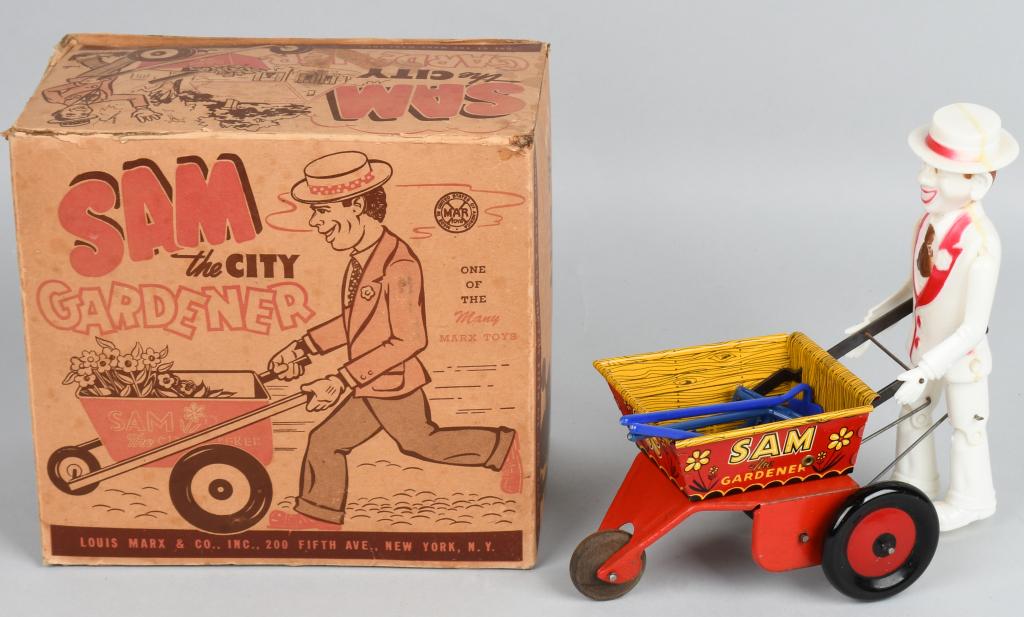 MARX WINDUP SAM THE GARDNER w/ BOX: All original and complete with accessories. Windup works. Boxed. 8" Excellent