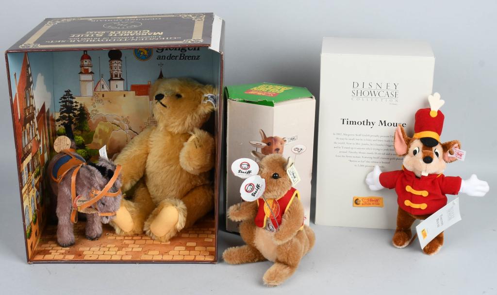 4- STEIFF ANIMALS: Includes Giengen Bear with Box, Kangaroo Juggler with Box, Timothy Mouse with Box, and Donkey. Largest 12" Excellent