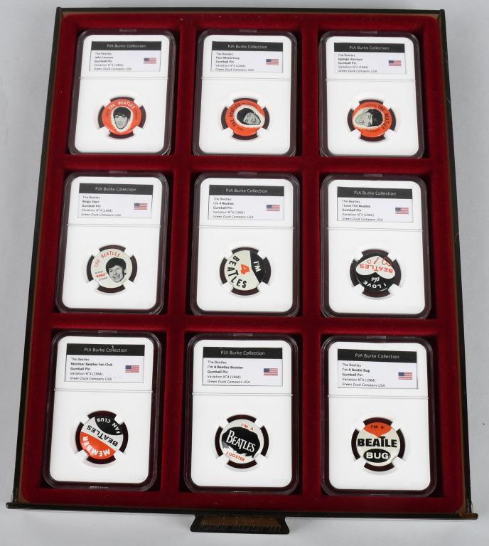 9- BEATLES GUMBALL PINS "PJA BURKE COLLECTION": Lot of 9 original Beatles Gumball Pins. All slabbed and from the PJA Burke Collection. Near Mint