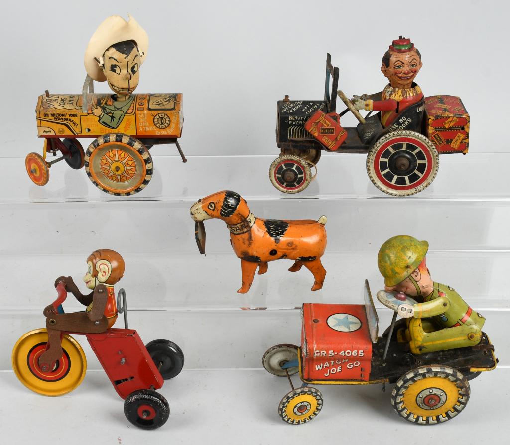 LOT OF TIN WINDUPS: Includes Milton Berel car, Joy Rider, GI Joe Jouncing Jeep, Money on Cycle, and Sandy The Dog. All with issues. Very Good