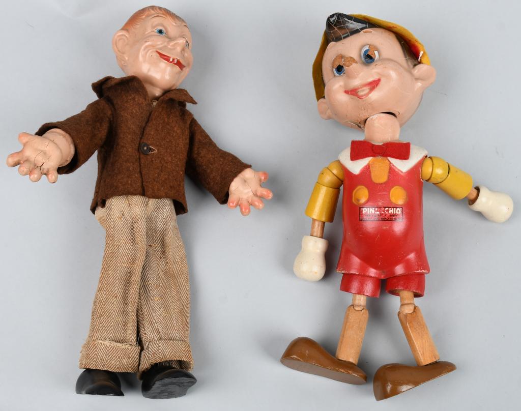 2- IDEAL 1930's DOLLS MORTIMER SNERD & PINNOCHIO: Nice pair of Ideal Character dolls. Both dolls are all original. There is some wear and cracking to composition. Pinnochio has a jointed wood body and the Mortimer Snerd is a Flexy doll with wire mesh