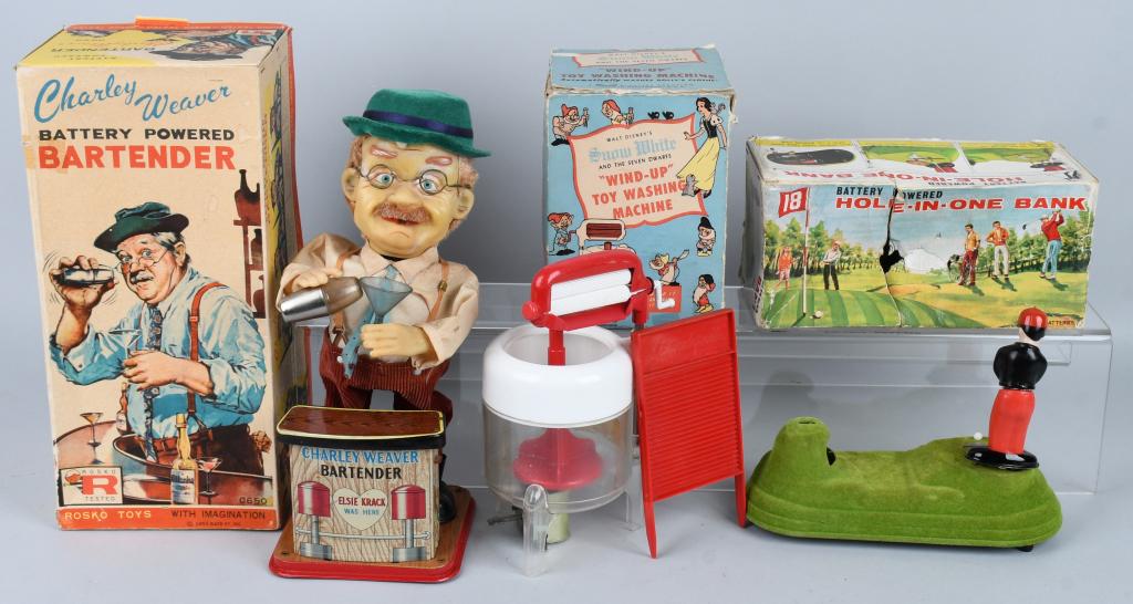 3- VINTAGE mechanical TOYS w/ BOXES: Lot includes a1962 Charlie Weaver Bartender, a Japan Hole in One Golfing bank, and a windup Snow White & Seven Dwarfs plastic Washing Machine. All worked when tested and include the original boxes. Ve