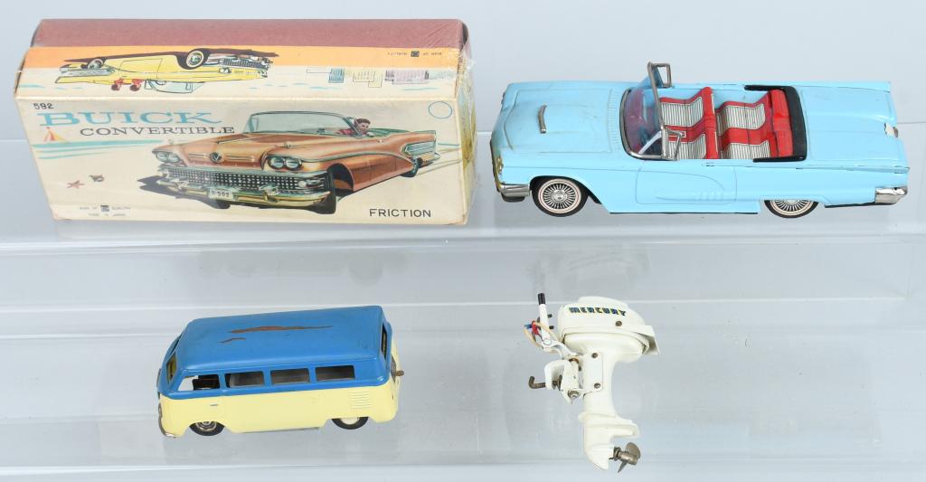 VINTAGE TOY LOT, BANDAI, DUX & MORE: Lot includes a windup 4 1/2" Dux V.W. Bus that is not working, a working 8" Ford Thuderbird missing one bumper guard, a original box for a 8" Bandai Buick Convertible, and a untested battery operated