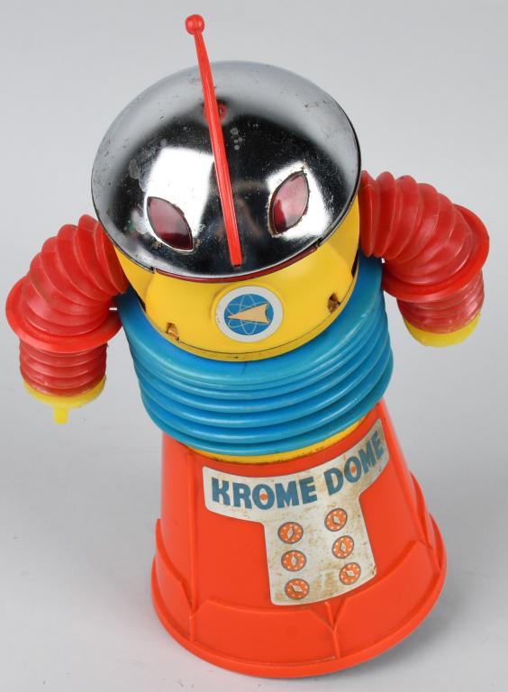 CHROME DOME ROBOT: Unusual battery operated plastic Robot. All original and complete. 11" Excellent