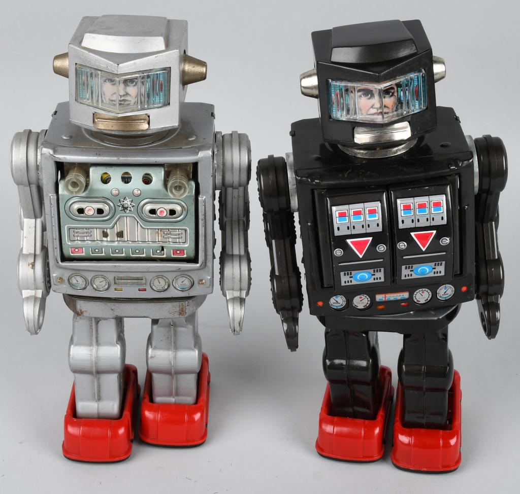 2- ASTRONAUT ROBOTS: Both all original. Includes Space Astronaut working with some wear and minor corrosion in battery box. Plus Rotate of Matic Robot that working but missing battery cover. 11 1/2" Very Good