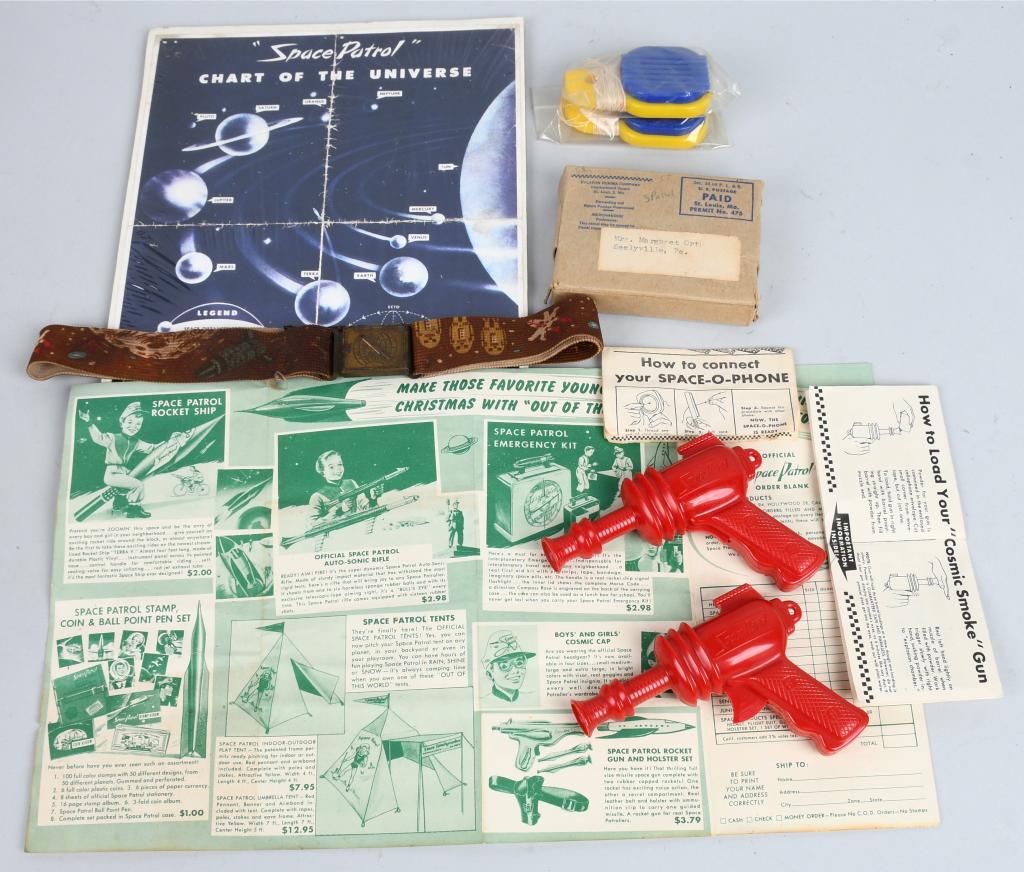 SPACE PATROL 1950'S PREMIUM LOT: Lot includes Space Phone premium with directions and original box, 2- Space Patrol Ray Guns with one original directions, a Spart patrol Chart of the Universe, a scarce Space Patrl product Catalog and