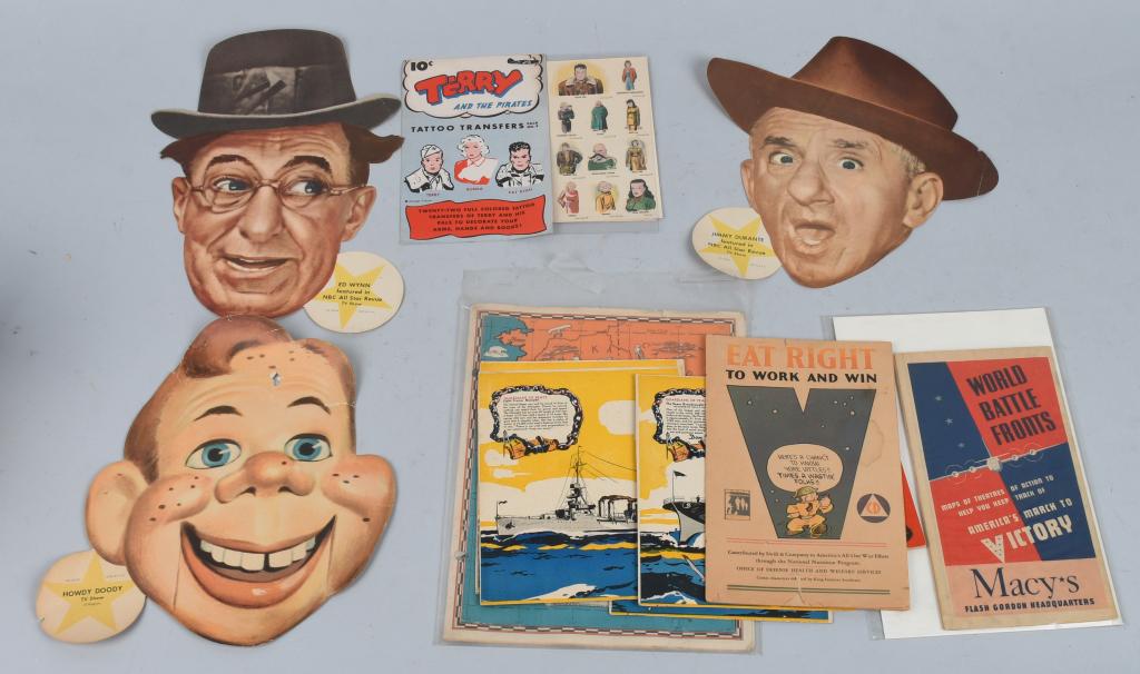 TERRY & PIRATES TRANSFERS, WWII ITEMS and MORE: Lot includes Terry and the Pirates transfers in the original colorful envelope, A Don Winslow Mini book, 6 Don Winslow Guardians of Peace ship 6" by 7 1/2" cards, 3 NBC TV "Face" advertisements with H