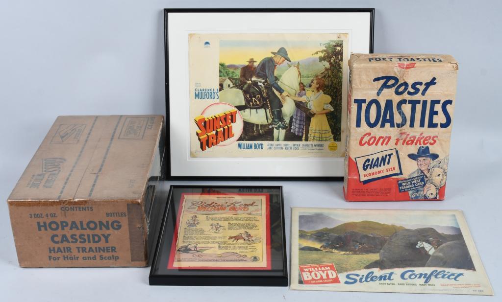 HOPALONG CASSIDY LOT: Lot includes a Post Toasties Corn Flakes box, a Hopalong Cassidy Hair Trainer shipping box, a 1938 "Sunset Trail" lobby card and a 1947 "Silent Conflict" lobby card, and more. Condition varies, over a