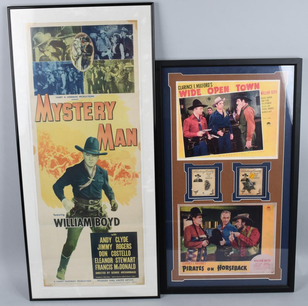 HOPALONG CASSIDY MOVIE POSTERS & MORE: Lot includes framed lobby cards 1941 " Pirates on Horseback" and "Wide Open Town". These are nicely framed with a Hopalong Cassidy badge and a Bar 20 Ranch pin. Also included is a 36" by 14" colorful 