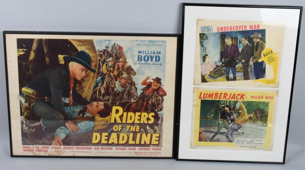 3- HOPALONG CASSIDY MOVIE POSTERS: Lot consists of 2 lobby cards : 1942 "Undercover Man" and 1944 "Lumberjack". Also included is a scarce 28" by 22" Jumbo Window Card: 1943 "Riders of the Deadline". Nice colors and display well. Very G
