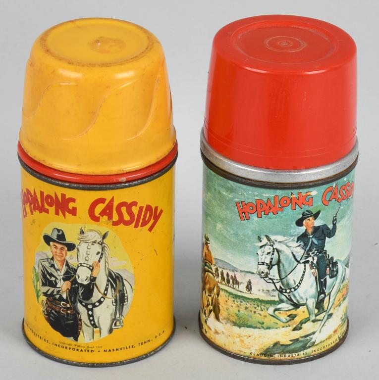 2- ALADDIN HOPALONG CASSIDY THERMOS': Both all original with nice graphics. 6 1/2" Very Good-Excellent