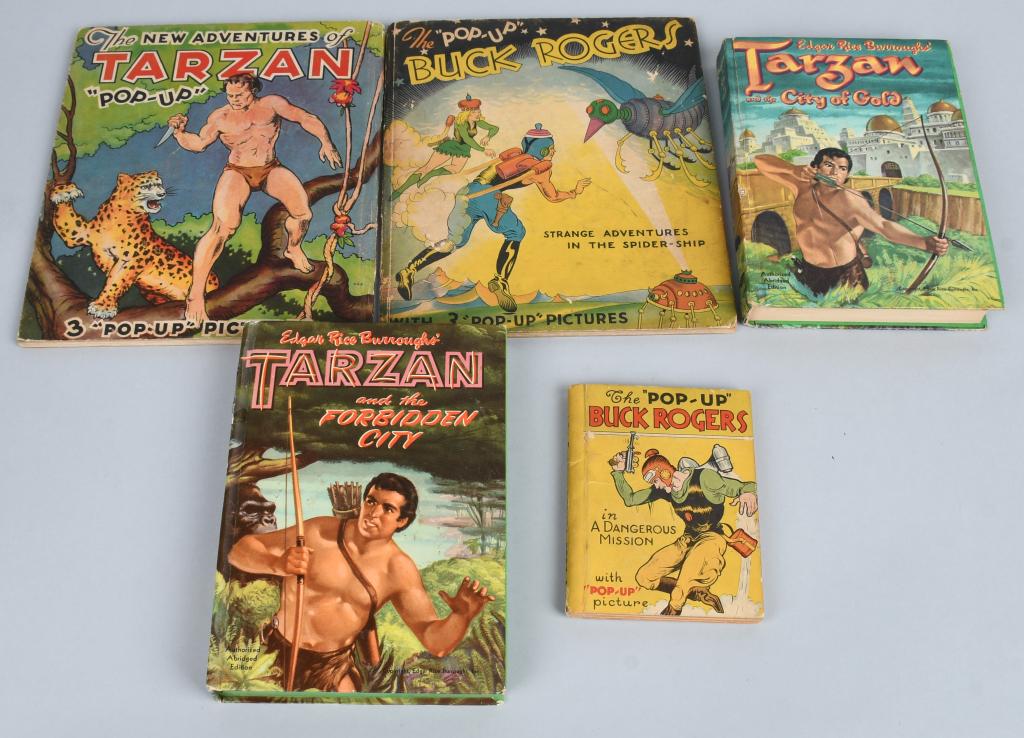 1930s BUCK ROGERS & TRAZAN POP UP BOOKS + MORE: Includes 1935 Tarzan Pop Up Book, 1935 Buck Rogers Pop Up Book, Buck Rogers mini Pop Up Book, Tarzan City of Gold, and Tarzan Forbidden City. Very Good-Excellent