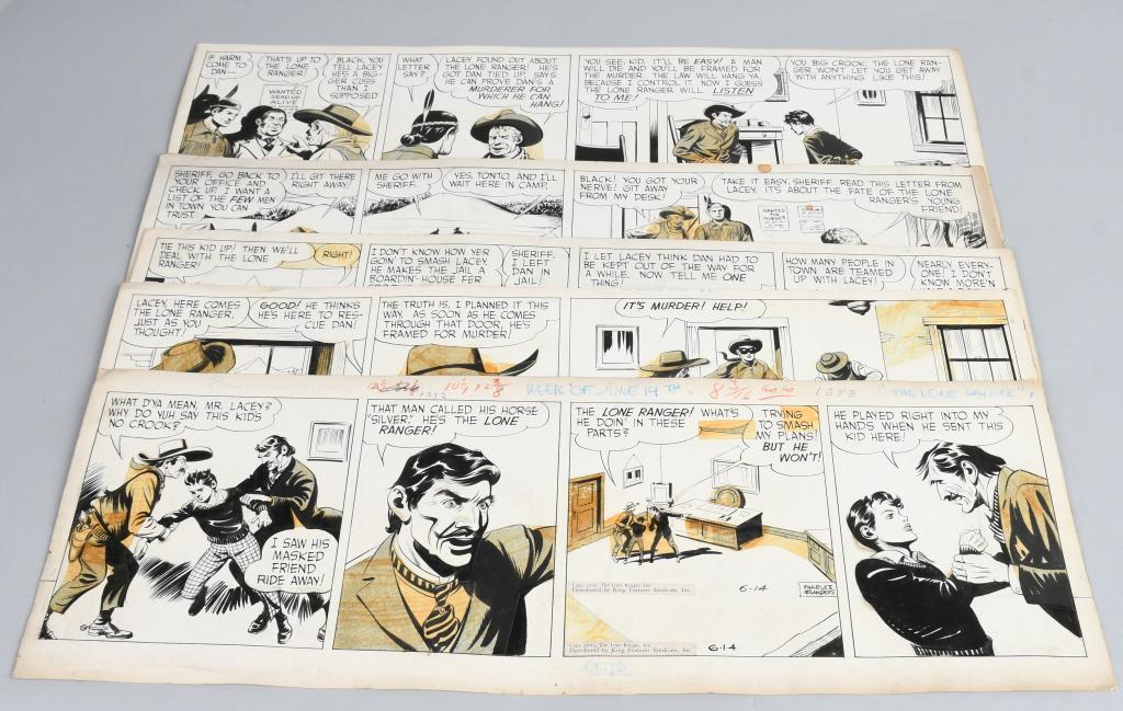 5- 1943 LONE RANGER COMIC ORIGINAL ART BOARDS: Lot of 5 1943 Lone Ranger original comic art Daily Strip Boards. All the strips have KFS copyright stip paste overs dated 1943. 4 signed by Charles Flanders. All with some screen tone pieces. Each mea
