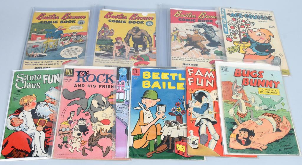 BUSTER BROWN & OTHER CARTOON COMIC BOOKS: Includes Buster Brown #34, #36, #37, Santa Claus Funnies #61, Famous Funnies #129, Ace Comics #127, Bugs Bunny #266, Beetle Bailey #622, Little Nemo in Slumberland #1, Rocky and his friends #1128. Mos