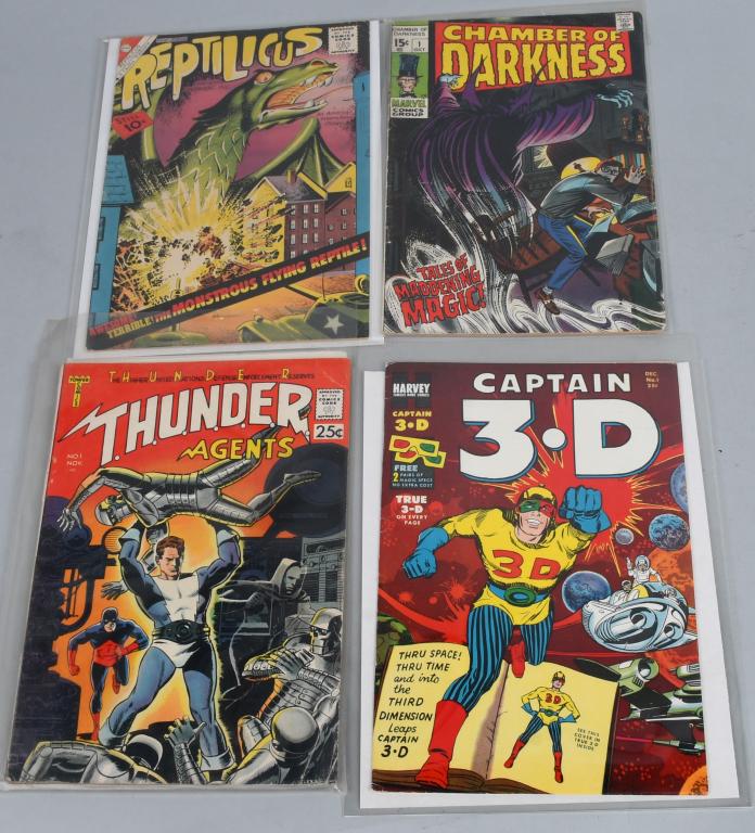 BRONZE AGE #1 COMIC BOOKS: Includes Thunder Agents #1, Captain 3-D #1, chamber of darkness #1, and Reptilicus #1. Clean book suitable for grading.