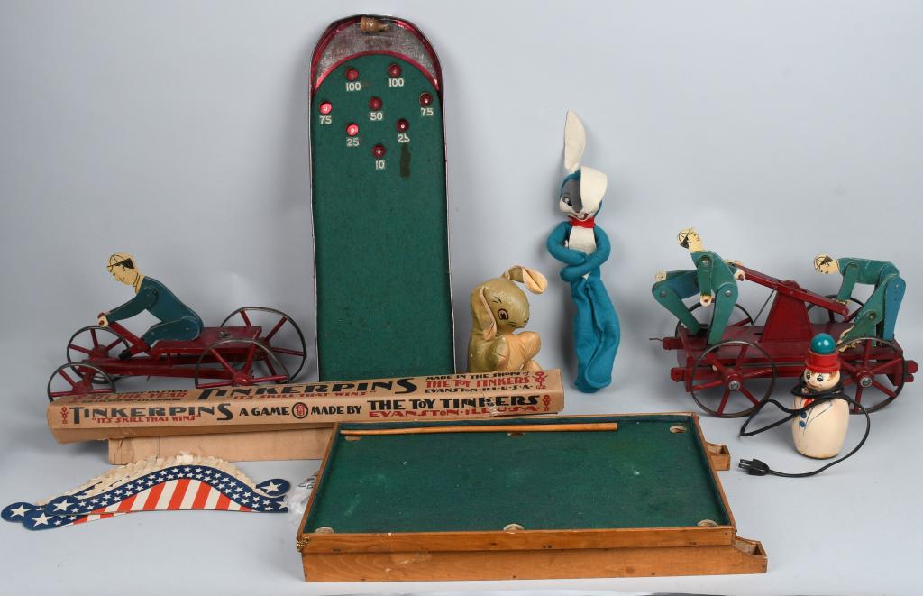 LOT OF VINTAGE TOYS: Includes Tudor Football, Wooden Folk Art Toys, Tinkerpins, Pool Table, and More. Very Good-Excellent