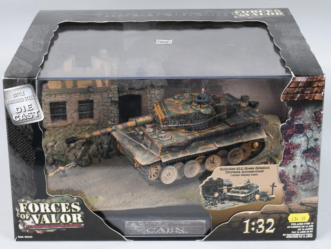 FORCES of VALOR LAST STAND in CAEN DIORAMA MIB: German Tiger I Tank Normandy 1944. 1:32 scale, Model No. 80104. Near Mint