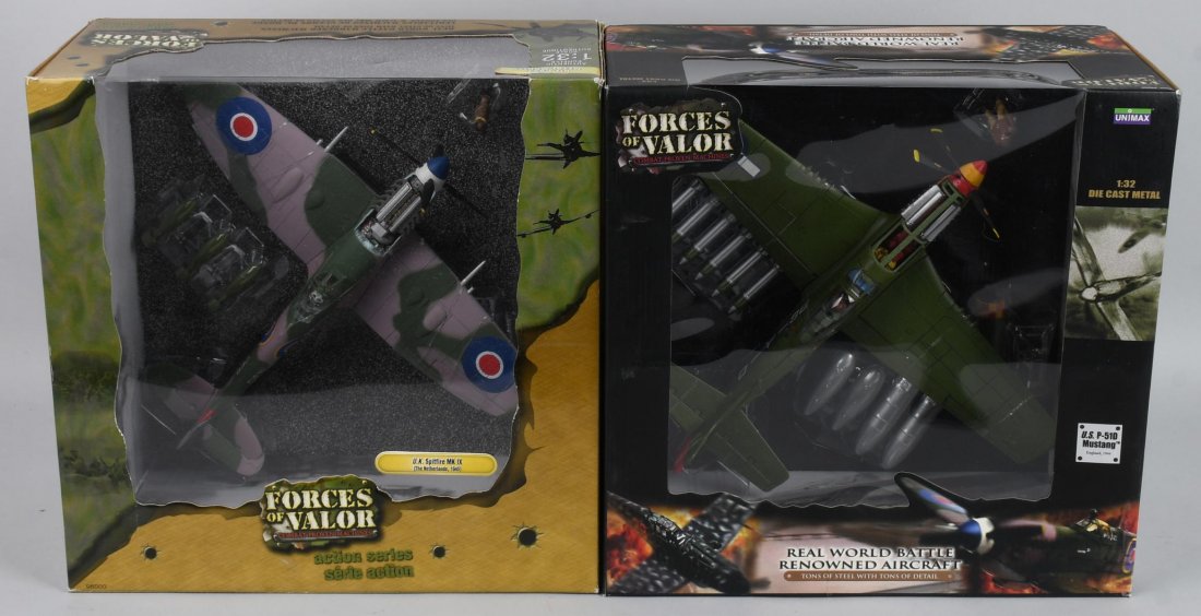 2-FORCES of VALOR GERMAN WWII AIRPLANES MIB: Lot includes US. P-510 Mustnag, along with a U.K. Spitfire MK IX. 1;32 scale. Near Mint
