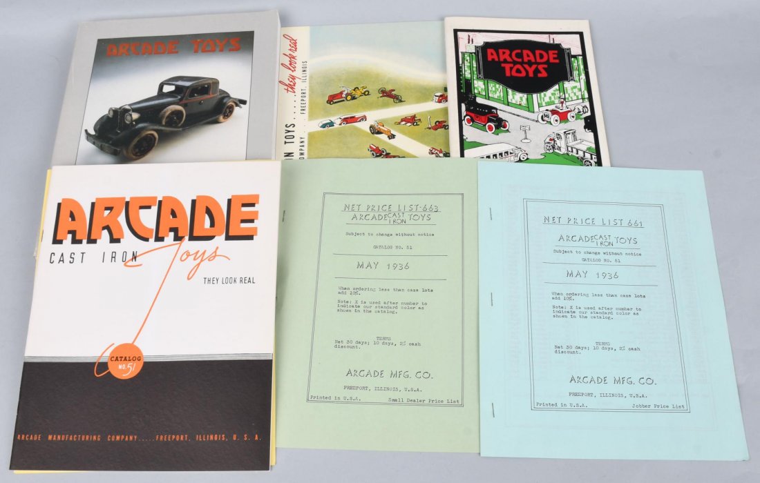 LOT ARCADE BOOK and REPRODUCTION CATALOGS: The Arcade Toys book by Al Aune has 324 pages and is in nice condition. Included are 3 reproduction Arcade toy catalogs, and 2 reproduction price lists. Very Good-Excellent