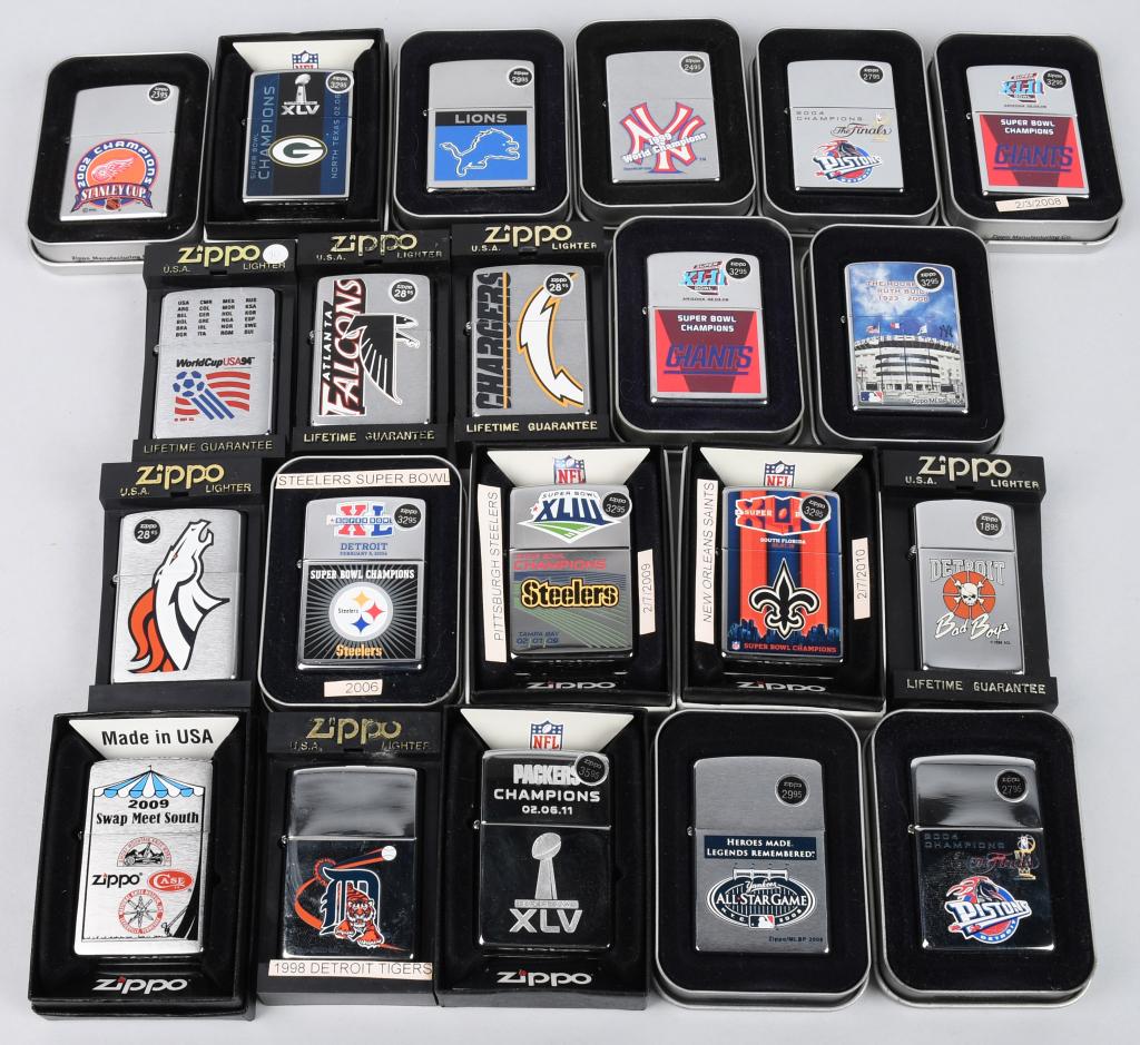 21-ZIPPO SPORTS LIGHTERS: Nice grouping includes mostly NFL teams, but has other Sports Teams alos. Excllent-Near Mint
