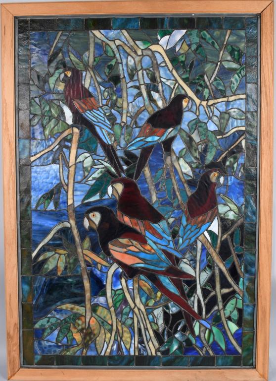 LARGE STAINED GLASS WINDOW, TROPICAL & PARROTS (1 of 5)